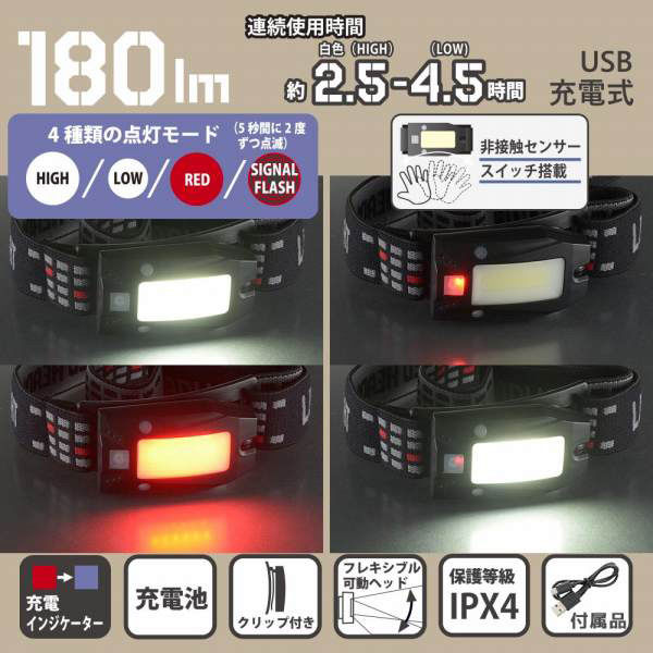 株式会社オーム電機 LEDヘッドライト USB充電式 180ルーメン 08-1370 1個（直送品） - アスクル