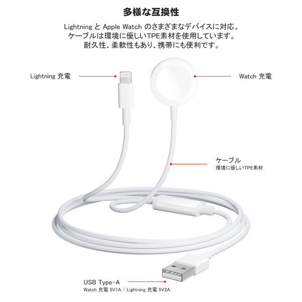 Lightning & Apple Watch充電ケーブル USB-A接続 ライトニングケーブル