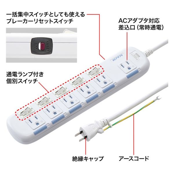 サンワサプライ 省エネタップ（3P・6個口・3m） TAP-S10N2-3 1個