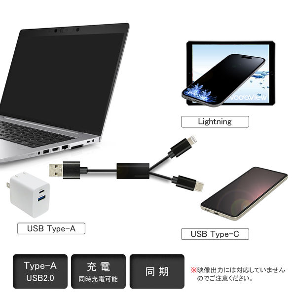 Lightning & USB Type-Cケーブル 0.9m ツイン給電 USB-A ライトニング