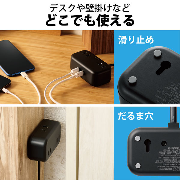 電源タップ USBタップ 2m コンセント 2個口 USB-C×1 A×1 雷ガード 黒 T