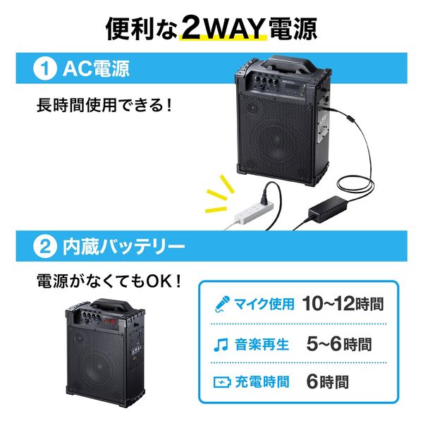 サンワサプライ ワイヤレスマイク付き拡声器スピーカー(バッテリー内蔵