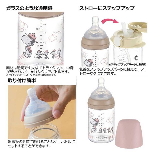 スヌーピー ガラス哺乳瓶 乗り気 三本セット 広口タイプ