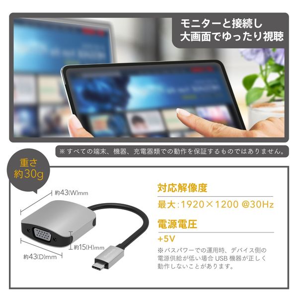 Type -C to VGA 変換アダプター PD給電ポート付き USB3.2 Gen1 OWL-DS3201-SV 1個 オウルテック - アスクル