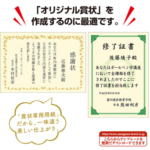 ササガワ タカ印 手作り賞状作成用紙 クリーム A3判 10-1969 50枚（10