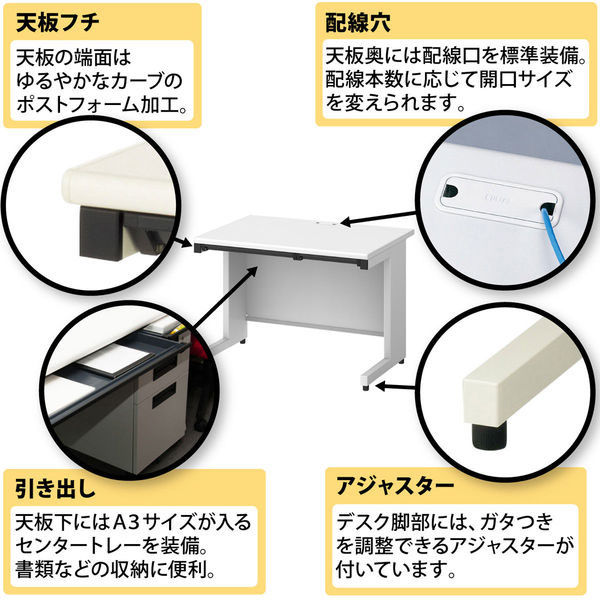 プラス フラットラインデスク 平机 引き出し付き 幅1600×奥行600