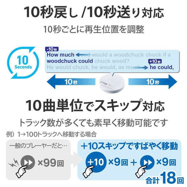 CDプレーヤー コンパクト ポータブル Bluetooth対応 リモコン付属 ホワイト LCP-PAPB02WH ロジテック 1個 - アスクル