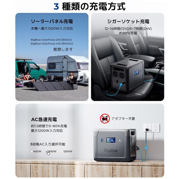 BigBlue Tech ポータブル電源 リン酸鉄リチウムイオン電池 2500W