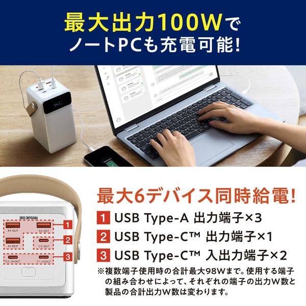 アイリスオーヤマ モバイルバッテリー 大容量 ポータブル電源 60000mAh IP54相当 防水 防塵 バッテリーステーション  IBT-A60100-W 1台 - アスクル