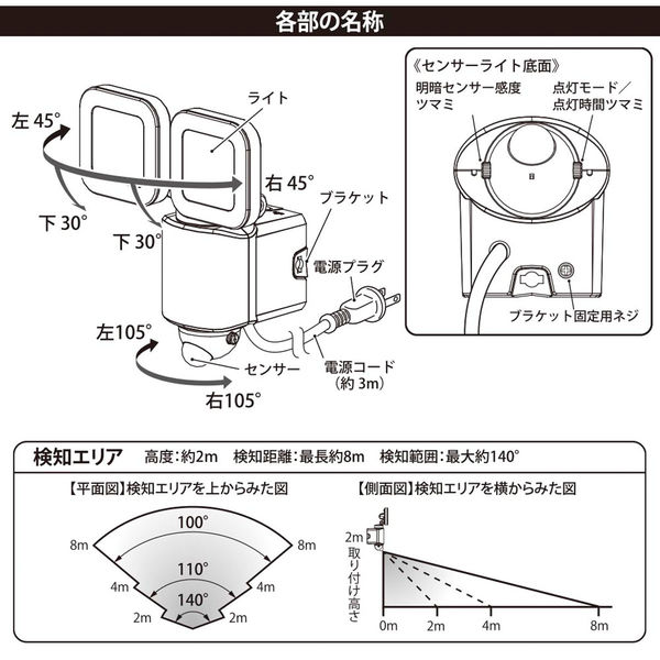オーム電機 防犯センサーライトA320W2 07-8809 1個 - アスクル