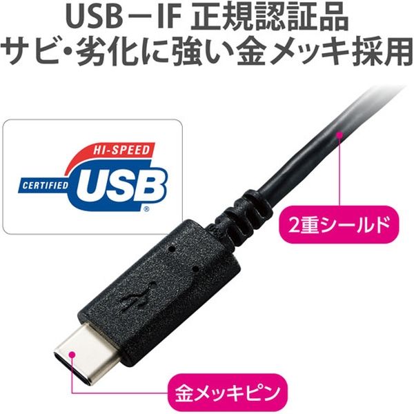 エレコム USB2.0ケーブル(認証品、C-C) 1.5m ブラック U2C-CC15NBK2