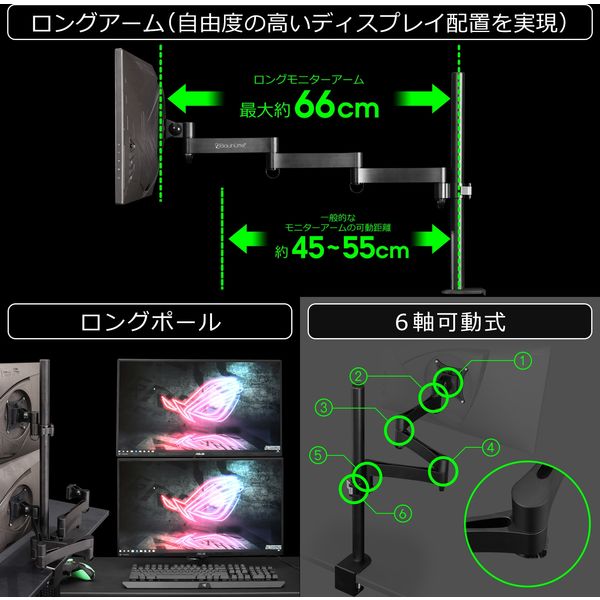 【車上渡し】Bauhutte （バウヒュッテ） ロングモニターアーム トリプル ブラック BMA-300N-BK 1台（直送品）