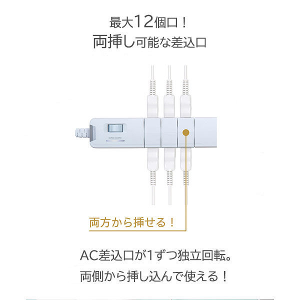 延長コード 電源タップ 12個口 1.8m 2P式 回転タップ USBポート