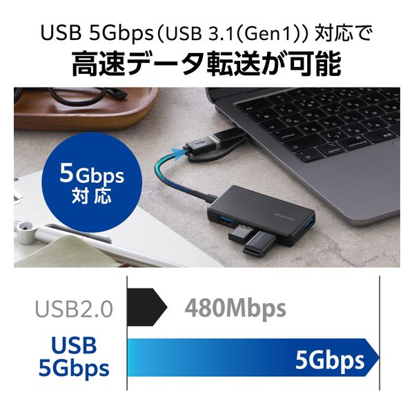 USBハブ USB-A×4ポート タイプC変換アダプタ付 USB3.1(Gen1) 黒