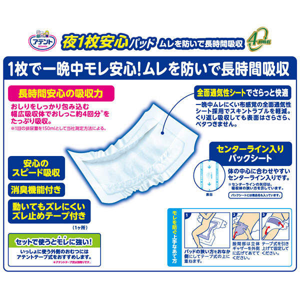 アウトレット】アテント 夜一枚安心パッドムレを防いで長時間