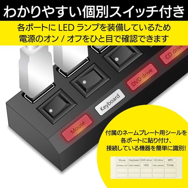 USBハブ USB-A×7ポート 2m 個別スイッチ付 磁石付 ACアダプタ付