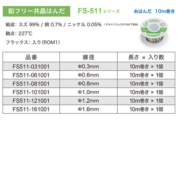 白光 巻はんだ ヘクスゾール 鉛フリー 共晶 0.3mm×10M FS511-031001 1