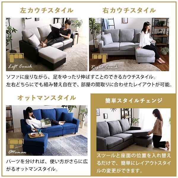 ホームテイスト ウィスモン カウチソファ ポケットコイル入 幅