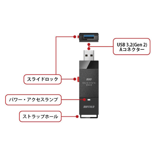 ポータブルSSD 500GB バッファロー 外付け 超小型 Type-Cコネクタ付 USB3.2Gen2 SSD-SCT500U3-BA 1台