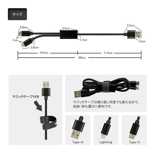 Lightning & USB Type-Cケーブル 0.9m ツイン給電 USB-A ライトニング