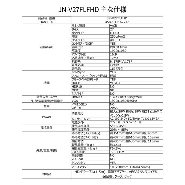 JAPANNEXT 27インチ液晶ディスプレイ(1920x1080/VA/HDMI/VGA/チルト/非