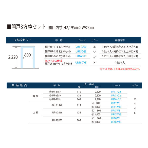 フクビ化学工業 UB枠 戸建住宅用URタイプ 開戸UR-165 3方枠セット 抗菌 UR16D23 1セット(縦枠×2本、上枠×1本)（直送品） -  アスクル