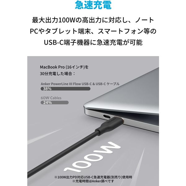 Anker USB Type-Cケーブル 1.8m 100W USB（C）[オス] - USB（C）[オス] 柔らかい ミッドナイトブラック 1本