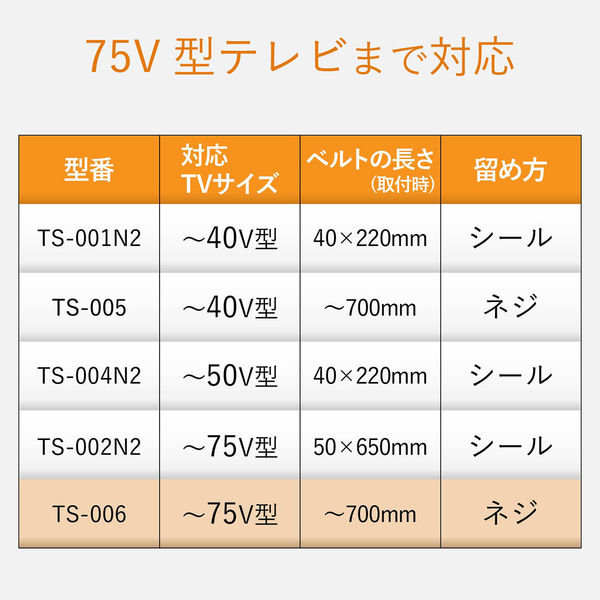 エレコム（ELECOM） TV用耐震ベルト/～75V用/ネジどめタイプ（VESA穴）/2本入 TS-006N 1個（2本入）（直送品）