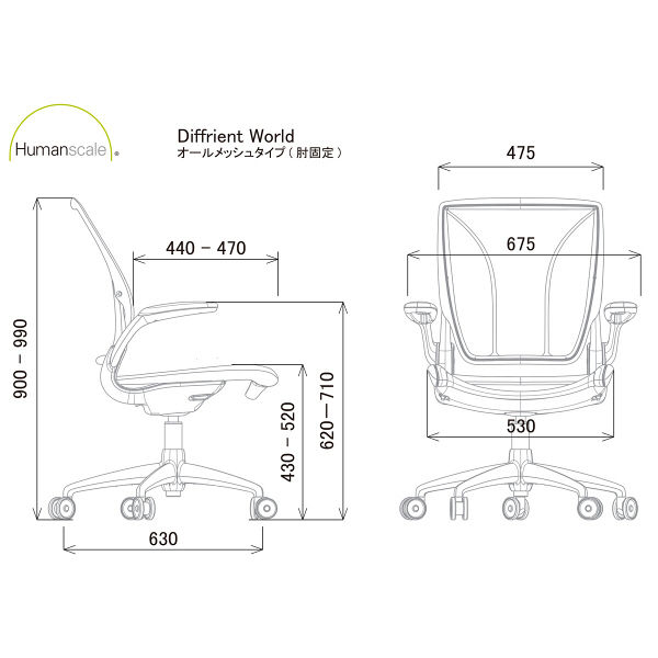 【軒先渡し】 ヒューマンスケール ディフリエントワールド オフィスチェア ブラックフレーム オールメッシュ 肘付 ブラック 1脚（直送品）