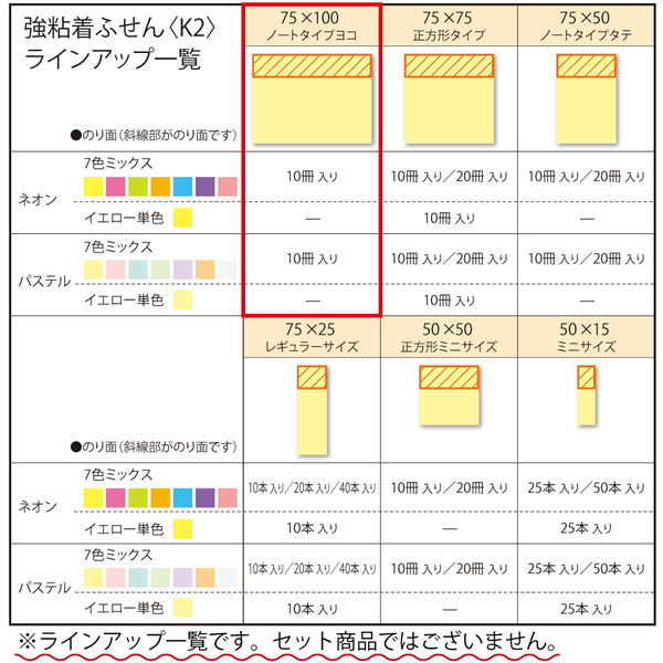 コクヨ 強粘着 ふせん 付箋 ＜Ｋ２＞ネオン 75×100mm 7色 K2メ