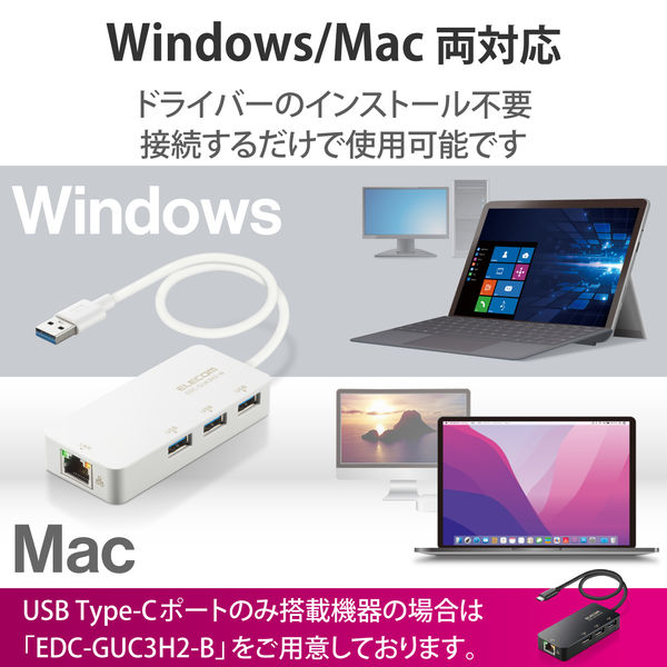 LANアダプター 有線 タイプA Giga USBハブ付 (USB-A×3) ホワイト EDC