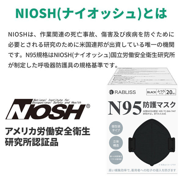 N95防護マスク ブラック 200枚(10箱セット) 小林薬品 高機能・4層構造