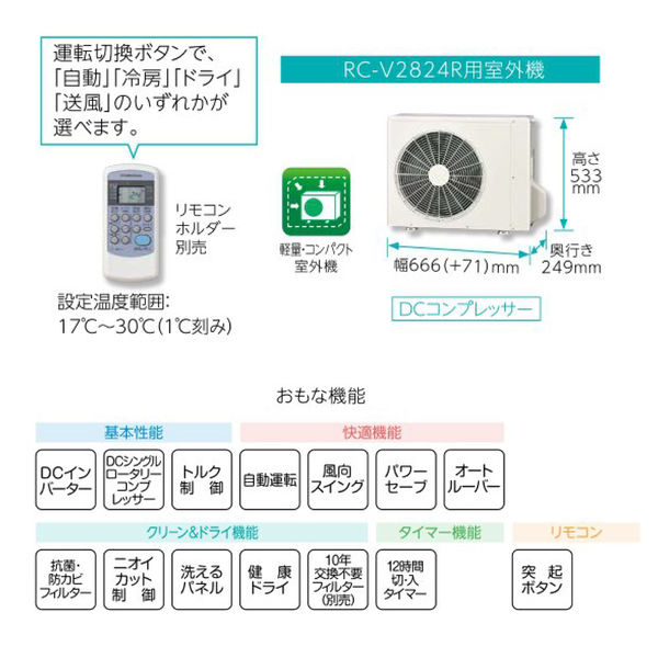 コロナ 日本製 冷房専用・除湿エアコン リララ 新冷媒R32 8~12畳用 室外機セット RC-V2824R 1台（直送品） - アスクル