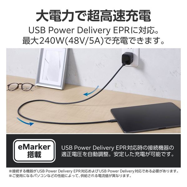 Thunderbolt 5 ケーブル USB-C to C 1m PD EPR ブラック TBT5