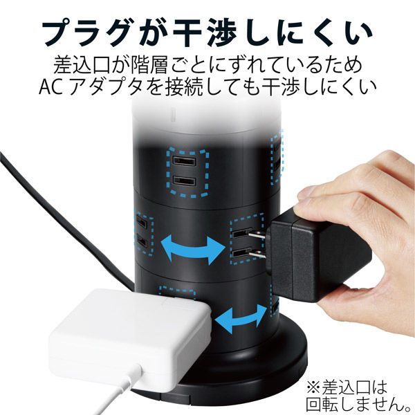 タワー型USB充電器 タワー型 電源タップ USBタップ 12個口 USB-C×2 A×3 雷ガード 2m