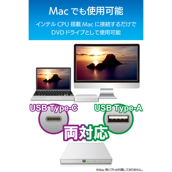 DVDドライブ USB2.0 薄型 Type-Cケーブル付 ホワイト LDR-PMK8U2CLWH