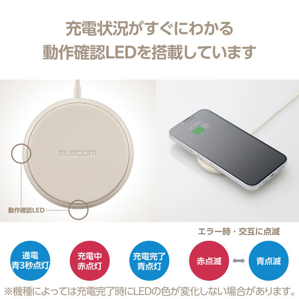 ワイヤレス充電器 Qi認証 5W 卓上 滑り止めパッド ケーブル一体 おくだけ充電 ベージュ W-QA25BE エレコム 1個（直送品） - アスクル