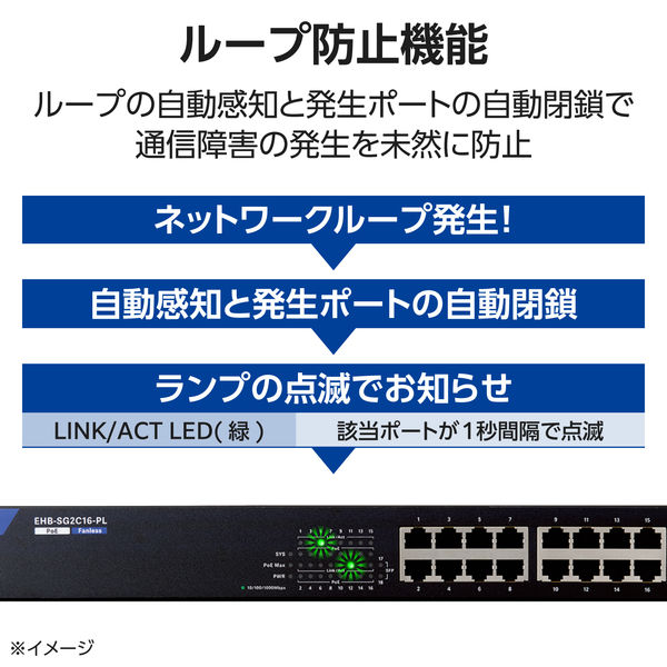 スイッチングハブ 16ポート ギガ PoE WEBスマート ループ防止 静音 3年保証 EHB-SG2C16-PL エレコム 1個（直送品） -  アスクル