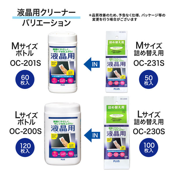プラス 液晶用クリーナー 60枚入Mサイズボトル（不織布寸法：140×180mm