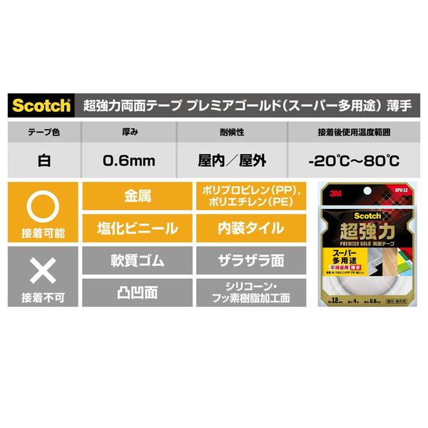 平滑面用 スーパー多用途 超強力両面テープ プレミアゴールド 薄手 SPU