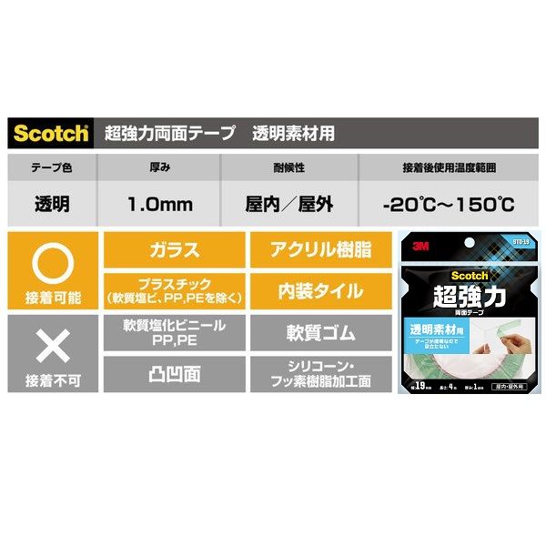 透明素材用 超強力両面テープ STD-19 幅19mm×長さ4m スコッチ 3Mジャパン 1巻 - アスクル