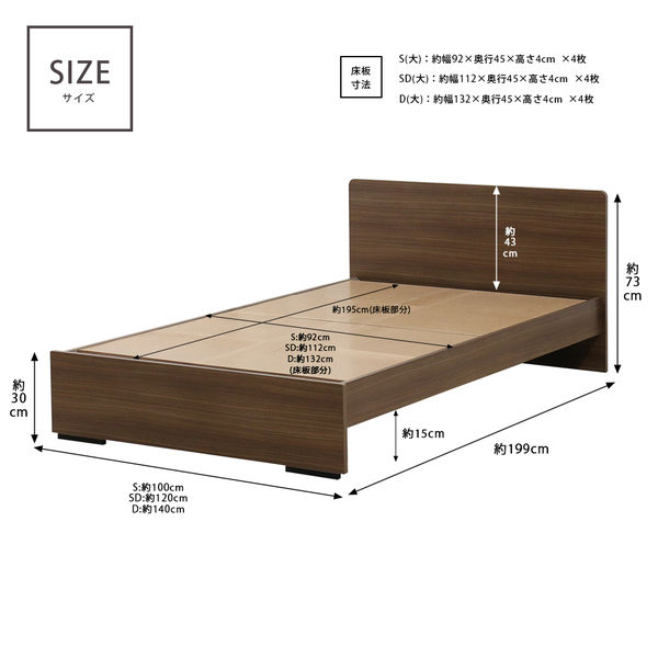 軒先渡し】友澤木工 ボルトレスベッド セミダブル マットレス付 幅1200 