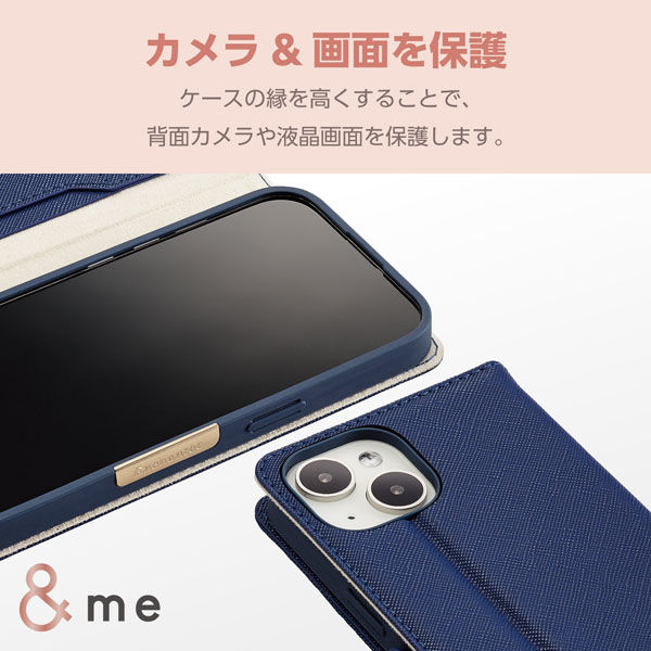 iPhone15 ケース 手帳型 フィンガーストラップ付 ミラー付 ネイビー PM