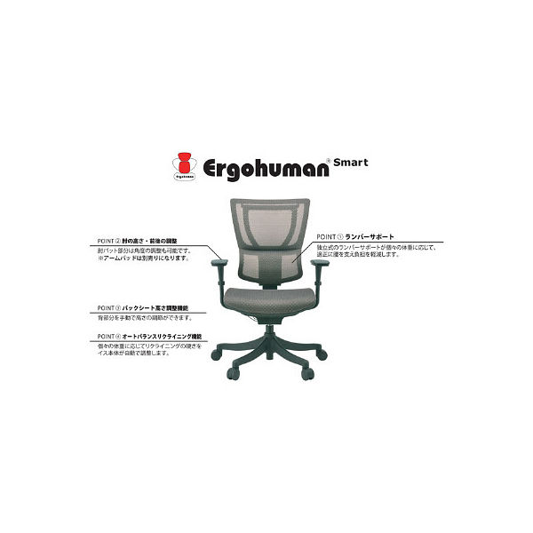 エルゴヒューマン スマート オフィスチェア 3Dファブリックメッシュ 肘 