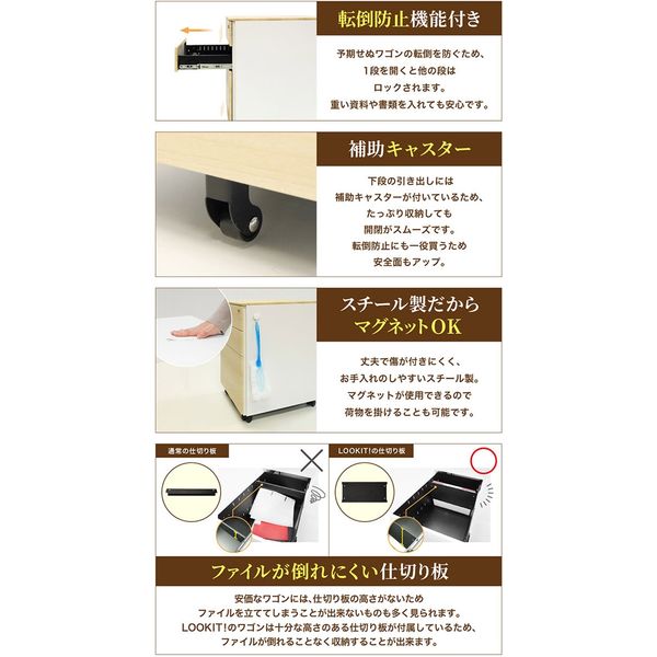 Netforce キャビネット 3段 鍵付 シリンダー ワゴン キャスター