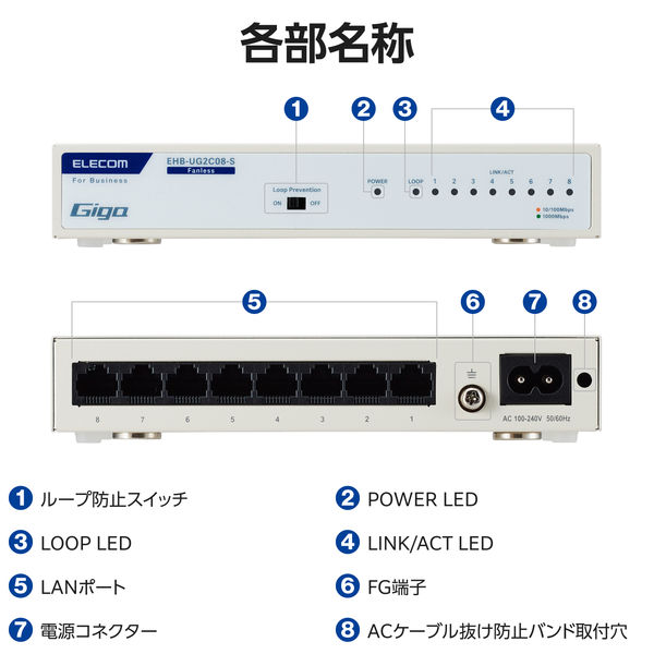 エレコム スイッチングハブ 8ポート ギガ LANハブ 金属筐体 電源