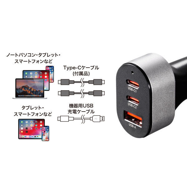 サンワサプライ USB Power Delivery対応カーチャージャー（3