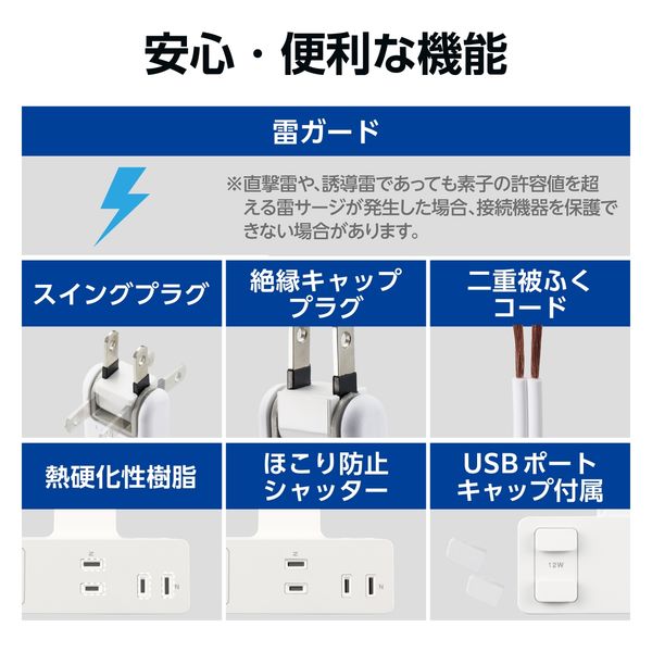 電源タップ 延長コード USB付き 3m クリップ式 雷ガード 電源タップ 延長コード USB付き 3m クリップ式 雷ガード