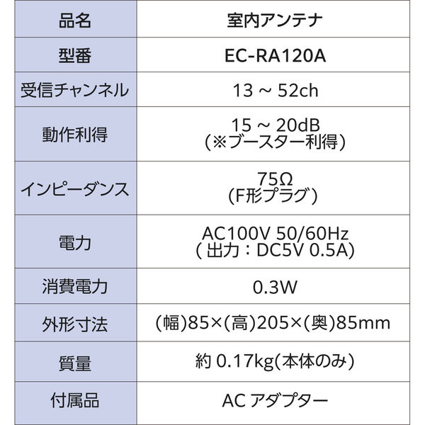 DXアンテナ 室内アンテナ アンテナ (ブースター内蔵) 強電界地域向け 地上デジタル放送用 ホワイト EC-RA120A 1個（直送品） - アスクル