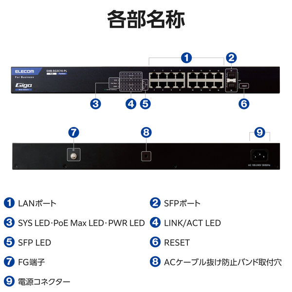 スイッチングハブ 16ポート ギガ PoE WEBスマート ループ防止 静音 3年保証 EHB-SG2C16-PL エレコム 1個（直送品） -  アスクル